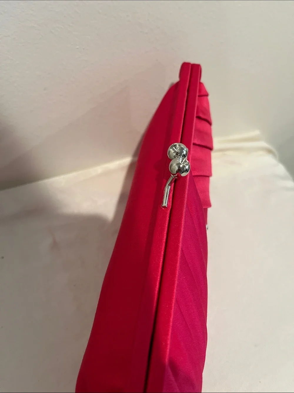 Fuchsia Satin Pleated Evening Clutch with Crystal Accents